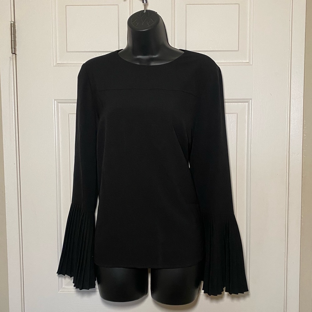 Black Long Pleated Sleeve Contemporary Feminine Blouse Top Frilly US 10